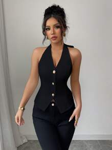 Elenzga Solid Color Halter Neck Tie Strap Backless Bow Elegant Ladies Blouse - Black - View 5