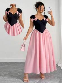 Elenzga Plus Size Black Knit Fabric Dress With Bowknot Strap Decor, V-Neck, Inverted Triangle Waist Design, Full Flare Skirt, Slimming Silhouette, Suitable For Leisure, Vacation, Garden Party, Dating, Hanging Out With Friends, Beach, Park Picnic, Commuting, Shopping, And Photo Shoots. Comfortable Fabric, Unique Design, High Cost-Effective - Pink - View 1