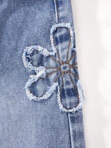 SHEIN Pantaloni larghi in denim blu stile retrò con motivo floreale e frange per bambine