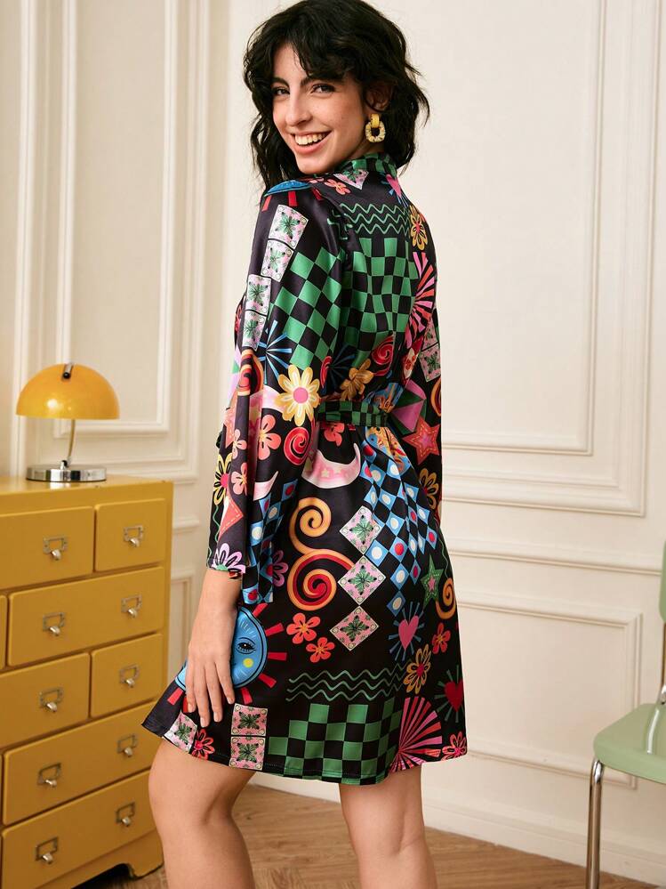 Chillnights Γυναικεία σατέν ρόμπα με σχέδιο καρδιάς σε σχήμα ήλιου και φεγγαριού Luxe Loungewear, Φθινόπωρο, Χειμώνας - Multicolor - Προβολή 2