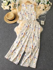 SHEIN LUNE Women Vacation Matching Set: Sleeveless Tank Top And Wide-Leg Casual Pants Summer Outfits For Women Vacation Vacation Outfits Woman Vacation Two Pieces Set Summer Dresses For Women Island Vacation Outfits,Casual - Multicolor - View 3