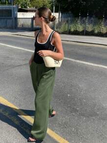 SHEIN Frenchy Celana Kasual Wanita Warna Polos, Cocok untuk Musim Panas, Musim Dingin, Hijau, dan Natal - Hijau Tentara - View 5