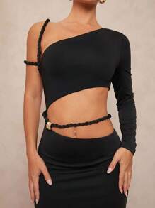 Lumalex Outing Summer Swimsuit Swimwear Swim Vacation Easter Bohemian BOHO Sea Beach Hot Outdoor Richly Layered Wedding Season Banquet Coming Of Age Ceremony Beach Seaside 1pc Women's One Shoulder One Sleeve Cropped Open Slit Maxi Straight Dress - Black - View 4