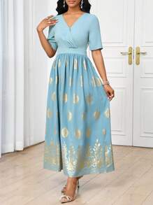 SHEIN Lady Women Elegant Gold Foil Print Patchwork Dress Prom Dress Dresses For Women Summer Vacation Outfits Woman - Multicolor - View 4
