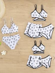 Girls' Simple Fashion Black Bow Printed White Base Tankini Swimsuit Set With Shorts And Briefs, Random Printed Pattern - White - View 6