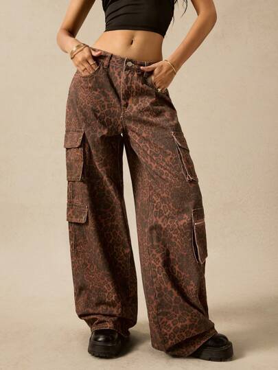 Easelle Leopard Print Trousers Loose Overalls With Multiple Pockets Summer Business Casual Woman