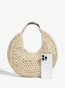 SHEIN SXY 女士单肩包、流浪包、草编包、编织包、时尚、优雅、简约、个性、多功能、适合海滩、度假、节日、夏季、海边、约会、日常、下午茶 - 杏色 - 查看 4