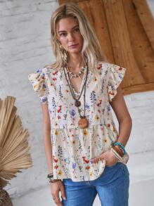 LanaWest Blusa casual da donna con scollo a V e stampa floreale, maniche a volant, adatta per uso quotidiano e vacanze