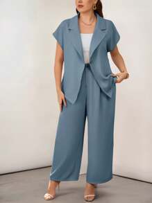 Firerie Plus Size Summer Elegant Formal Dusty Blue Business Office Wear Turndown Collar Short Sleeve Metal Button Blazer And Straight Leg Suit Pants Set - Dusty Blue - View 6