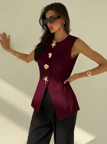 Aloruh Sleeveless Simple Commuter/Office Metal Decor Women Blazer Office In Fall/Winter - Burgundy - View 6