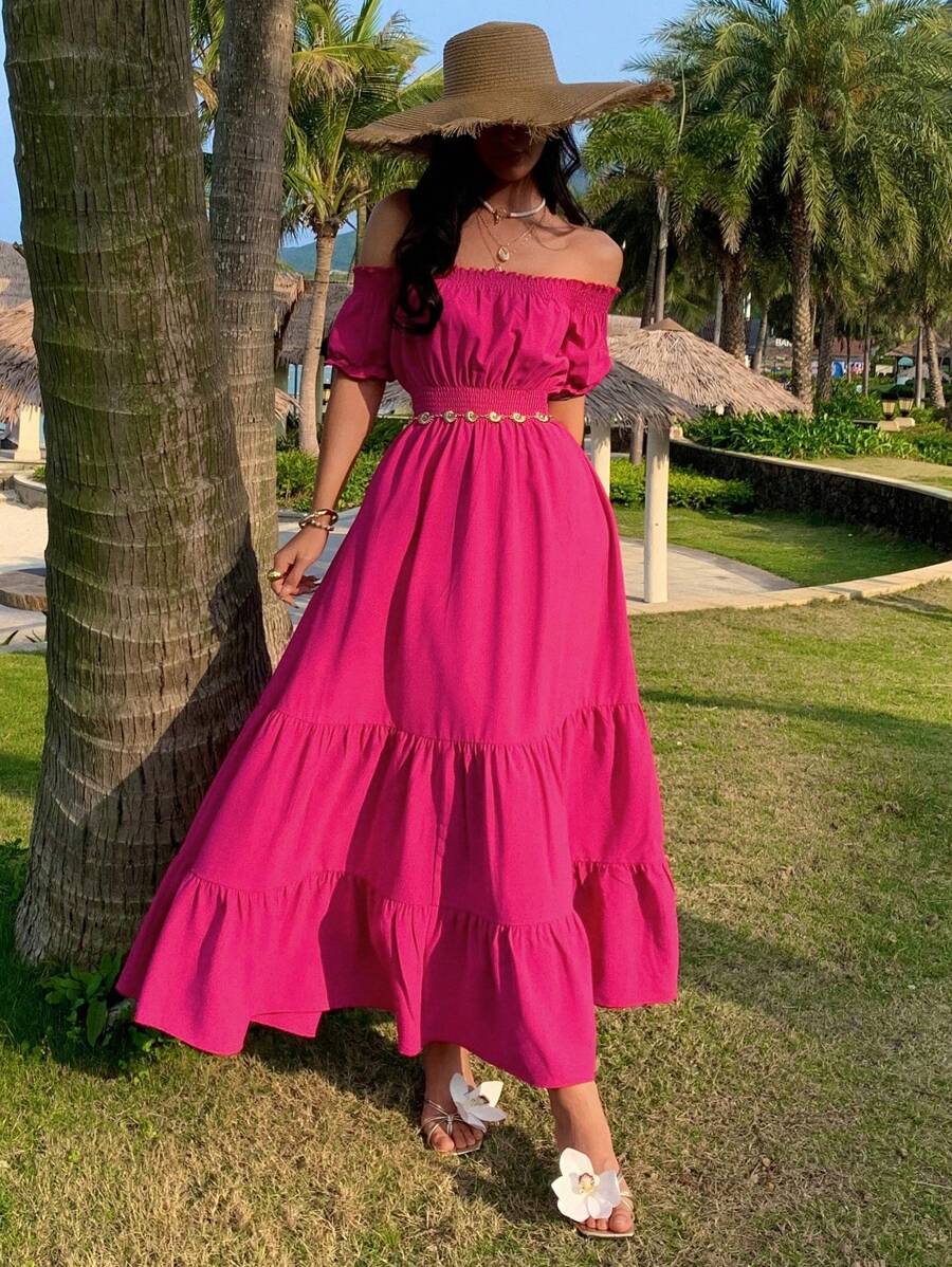 DAZY Vestido de mujer con hombros descubiertos, cintura fruncida y manga corta en línea A, ropa de vuelta al colegio y atuendos de vacaciones para mujeres - Rosa - Ver 1