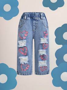 Denimly Baby/Baby Girl Versatile Comfortable Casual Loose Butterfly Printed Ripped Distressed Fashion Straight Leg Jeans, Lightweight, Spring/Autumn - Medium Wash - View 1