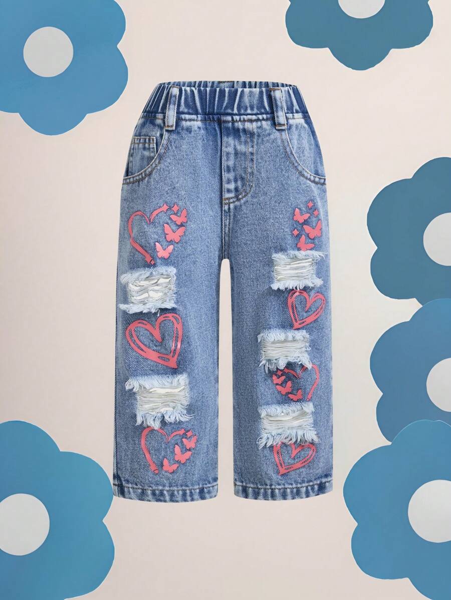 Denimly Baby/Baby Girl Versatile Comfortable Casual Loose Butterfly Printed Ripped Distressed Fashion Straight Leg Jeans, Lightweight, Spring/Autumn - Medium Wash - View 1
