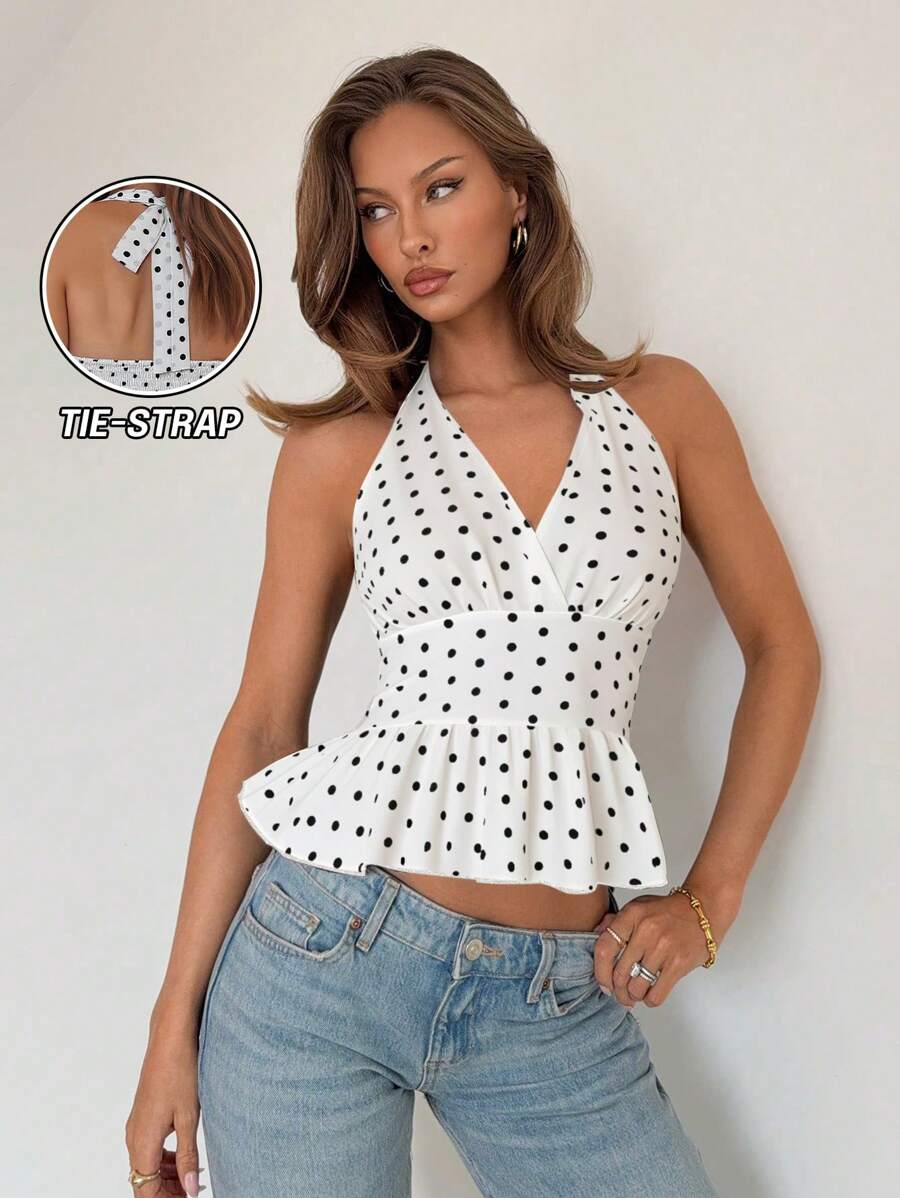 Breezaya Women Summer V-Neck Halter Waist Ruffle Polka Dot Music Festival Tank Top - White - View 1