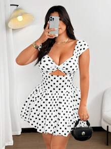 Sunnyshic Vestido sexy de talla grande de mujer con diseño retorcido y estampado de lunares con efecto hueco