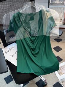 SHEIN LUNE Plus Size Plain Short Sleeve V-Neck Shirt, Summer Fashion - Dark Green - View 5