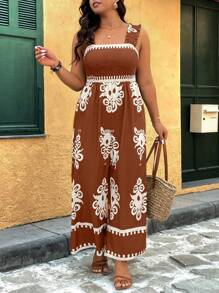 SHEIN Holidaya 大码女式图腾印花弹力吊带直筒连体裤，休闲宽松，适合度假、夏季穿着，也适合工作或休闲场合。 - 彩色 - 查看 1