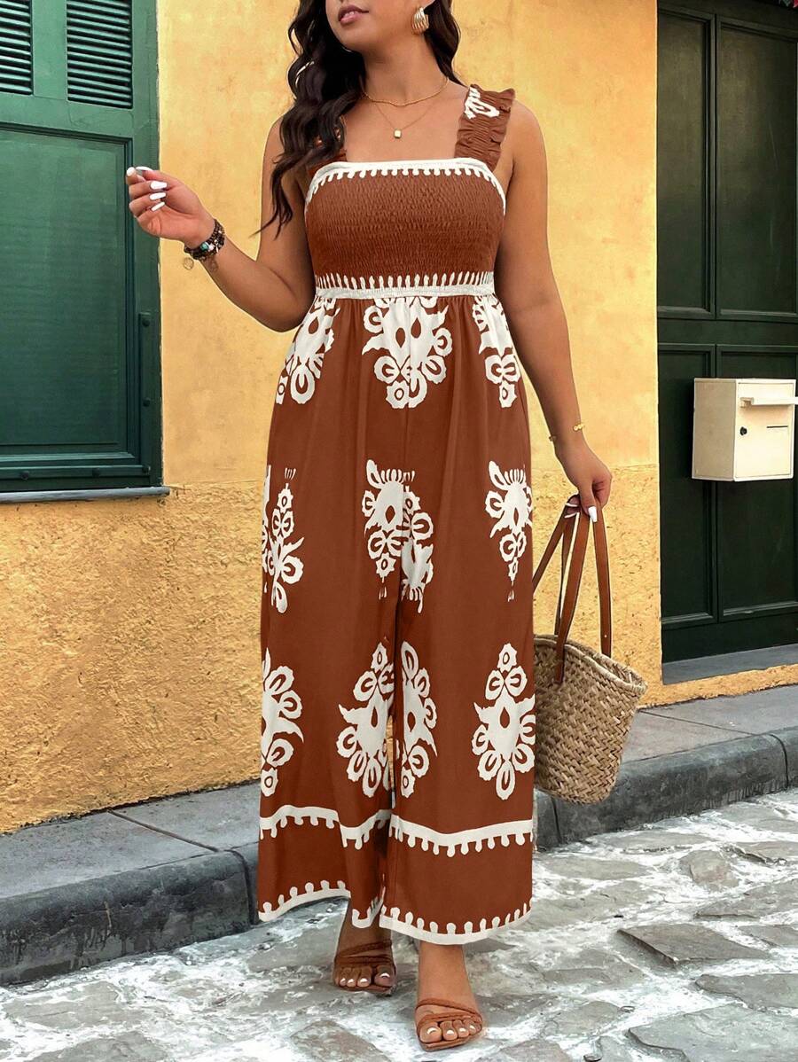 SHEIN Holidaya 大码女式图腾印花弹力吊带直筒连体裤,休闲宽松,适合度假、夏季穿着,也适合工作或休闲场合。 - 彩色 - 查看 1