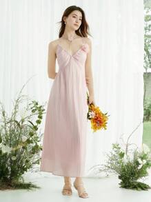 SHEIN LUNE Women's 3D Floral Decor A-Line Elegant Holiday & Daily Long Camisole Dress - Pink - View 6