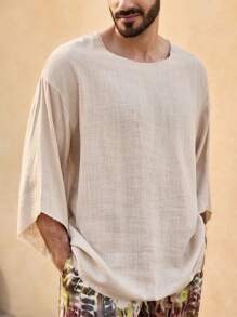 Manfinity BRENVOR 男士休闲梭织宽松短袖圆领套头衫，夏季 - 白色 - 查看 4