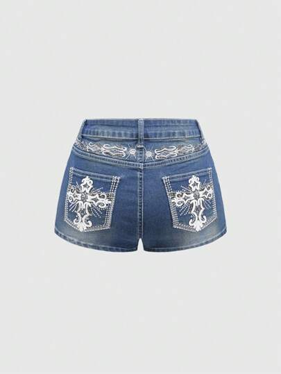Grunge Punk Trash Punk Y2K Retro Millennium Sexy bestickte Flügeltasche figurbetonte Denim Shorts für Frauen, Knopf, Tasche, Reißverschluss Taillennah Weites Bein, Navy Blau, Lässig Kleidung für Frühling/Herbst