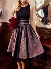 Vintamour Vestido ajustado de mujer con estilo retro-elegante con estampado de lunares, con dobladillo acampanado y tirantes de espagueti color caqui, adecuado para ocasiones como el Día de la Madre, verano, ceremonias de graduación, bodas, cumpleaños, días festivos y Día del Maestro. - Rosa vieja - Ver 4