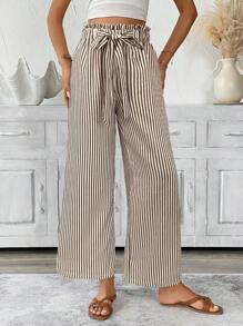 SHEIN LUNE Striped Casual Loose Straight Wide Leg Pants, Draping Effect Make Legs Look Long, Women, Spring/Autumn - Brown - View 4