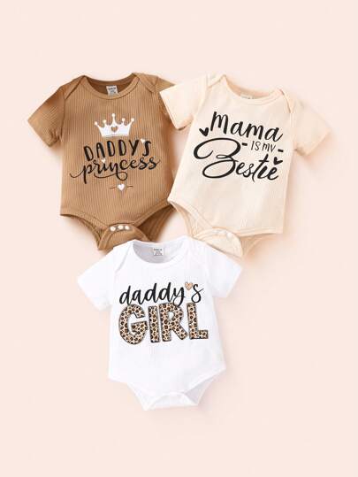 SHEIN 3pcs Newborn Baby Girl Summer Cartoon Print Letter Pattern Short Sleeve Romper White Apricot Brown Three Pieces Set Home Gifting Simple