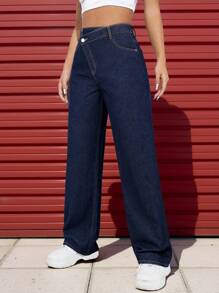 SHEIN Straight Leg Front Button Pocket Casual Jeans - Dark Wash - View 4