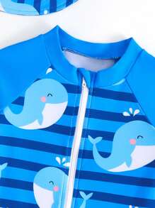 SHEIN 婴儿和男婴卡通鲸鱼印花长袖连帽连体衣，夏季沙滩装 - 彩色 - 查看 5