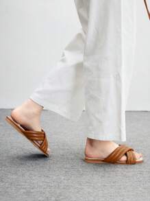 CUCCOO BIZCHIC 女士夏季新款交叉带方头平底百搭休闲通勤舒适棕色亚麻 PU 皮革凉鞋、平底鞋、沙滩拖鞋，适合工作场所、度假、海滩、夏威夷岛，百搭 - 棕色 - 查看 4