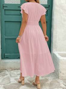 Vestido de primavera/verano para mujer de talla, vestido corte evasé con mangas de campana, cuello y cintura con encaje elástico jacquard blanco, vestidos de verano para mujer, vestido fluido - Rosa - Ver 2