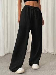 SHEIN EZwear Pantalones casuales de pierna recta con cordón, de textura arrugada y corte holgado para mujer