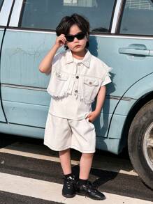 SHEIN 3 件套幼儿男童时尚白色干净短袖牛仔破洞夹克搭配舒适白色短裤，春夏季 - 白色 - 查看 3