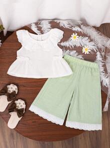 Baby Girl 2-Piece Outfit,White Peter Pan Collar Blouse&Green Lace Trim Pants,Green And White Textured Linen-Like Summer Cute Vacation Holiday Set - Green - View 3