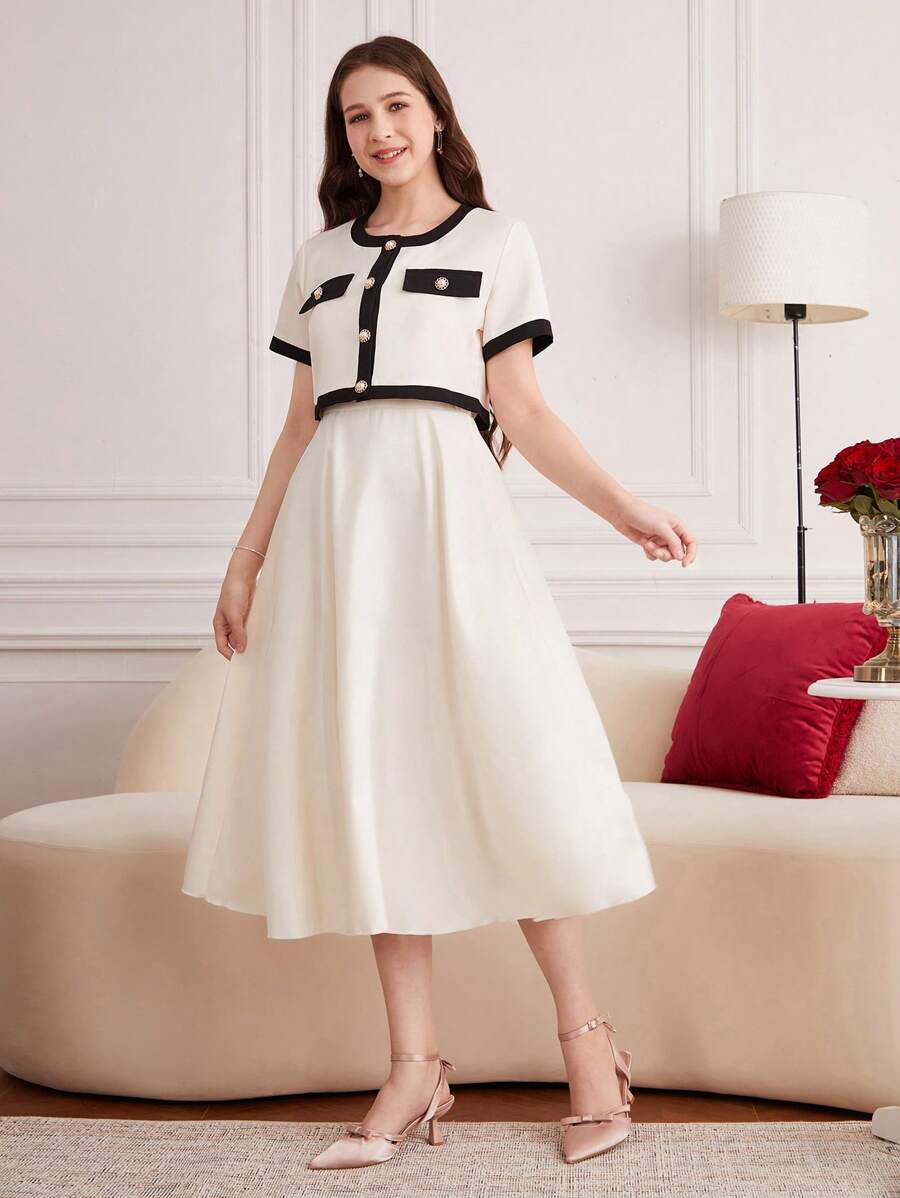 Conjunto de 2 piezas de vestido camisero de línea A ajustable y chaqueta de manga corta tejida elegante para adolescentes, de verano - Albaricoque - Ver 1