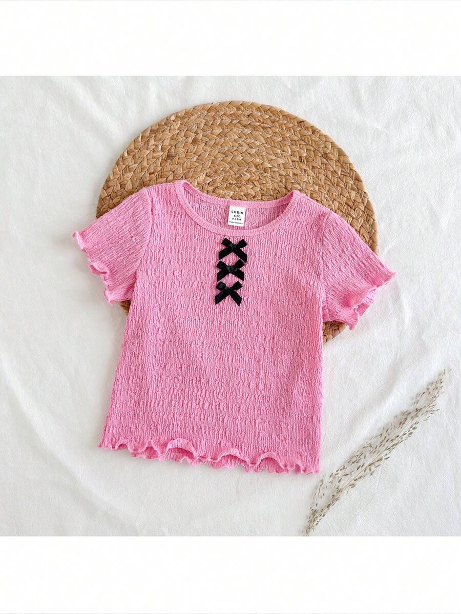 Loomiva Baby Girl Contrasting Ribbon Knitted Soft Round Neck Short Sleeve Ruffled Top - Pink - View 1