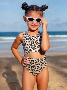 SHEIN Young Girl Leopard Pattern One-Piece Swimsuit - Apricot - View 1