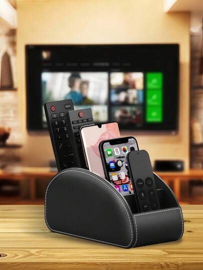 1 件 PU 皮革电视遥控器支架 - 5 隔间桌面存储整理器，用于电视控制器、化妆刷、文具、眼镜和迷你物品 - 适合家庭、卧室和客厅的时尚实用存储解决方案