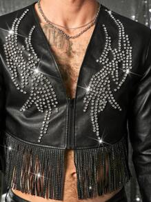 FeverCity Men's Faux Leather Jacket With Glitter Rhinestones And Tassel Trim - Black - View 5