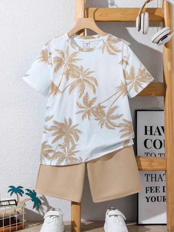 2 pièces Set T-shirt manches courtes à encolure ras-du-cou avec motif d'arbre de palmier et shorts pour garçons préadolescents, basiques décontractés pour les vacances et l'école, été