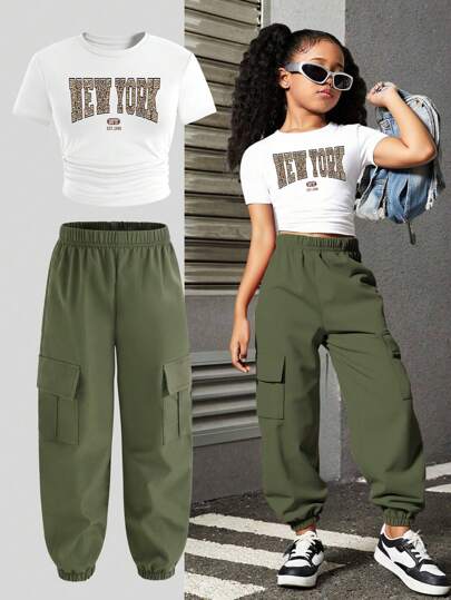 Conjunto de 2 piezas para niñas preadolescentes con camiseta de cuello redondo de manga corta de unicolor y pantalones largos utilitarios