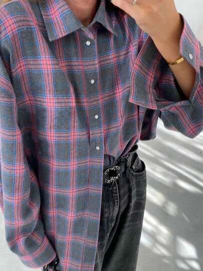 INAWLY Women's Plaid Print Button-Up Lapel Long Sleeve Shirt