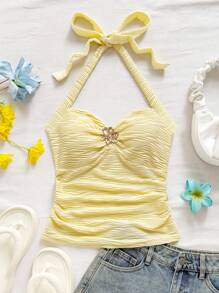 Soleia 度假挂脖系带花卉金属扣黄色针织纹理修身女式背心，适合度假、音乐节、波西米亚风、节日约会、下午茶、夏季女装