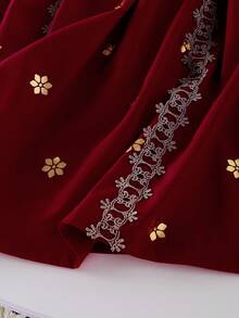 Young Girl Maroon Middle Eastern Eid Al-Fitr Zip Up Long Sleeve Waisted Gold Floral Print Robe, Fancy Summer Gown Royal Dress For Girls - Burgundy - View 7