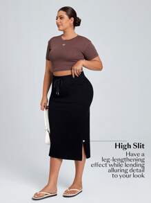 SHEIN Essnce Plus Size Summer Casual High-Stretch Denim Mini Skirt - Grey - View 3