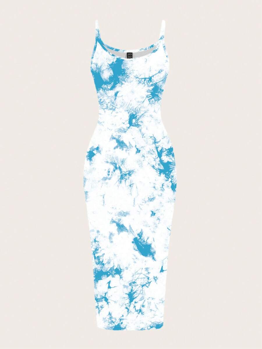 SHEIN EZwear 休闲简约全印花扎染效果图案修身长裙，适合夏季 - 彩色 - 查看 1