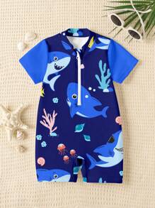 SHEIN Leap Crew 男婴休闲简约经典深海可爱鲨鱼、水母、珊瑚、海藻、海星、观赏鱼、贝壳图案圆领短袖连体泳衣，适合夏季 - 彩色 - 查看 2