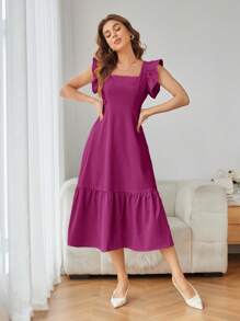 Aveloria Rosie Vestido de vacaciones para mujer de color liso con escote cuadrado, volantes en los brazos y en el bajo
