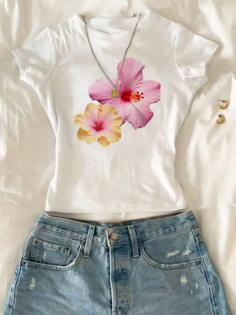 Tween Girls' Floral Print Crew Neck Short Sleeve White T-Shirt - White - View 1